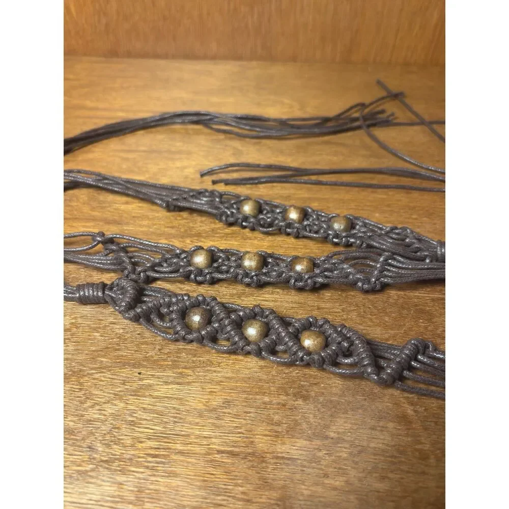 70s Vintage Handmade Macrame Fringe Belt with Wood Beads sz M / L